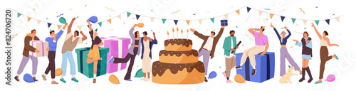 Happy people have fun at birthday party. Friends celebrate anniversary with festive cake, gifts and confetti. Congratulation with holiday concept. Flat isolated vector illustration on white background