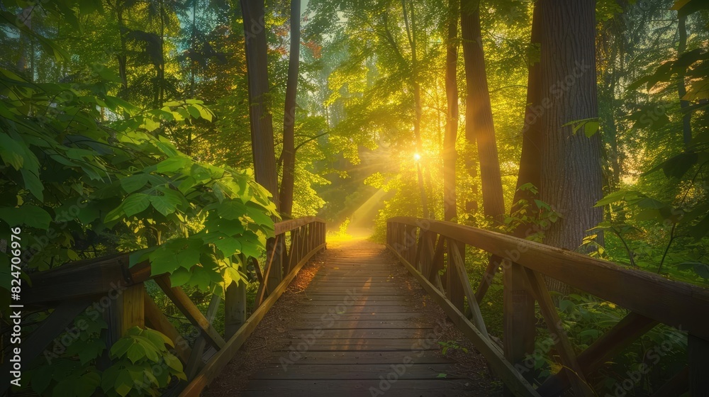 Obraz premium Tranquil wooden bridge in a sunlit forest. Sun rays filtering through lush green trees create a peaceful and inviting atmosphere.
