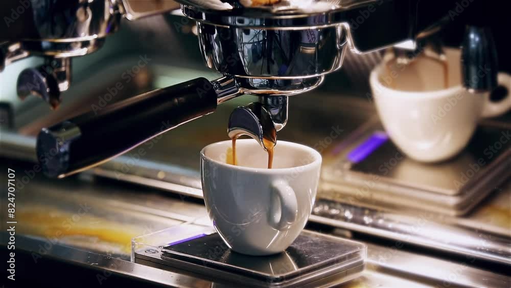 Close-up of the Espresso coffee extraction from a professional coffee machine with a bottomless filter. Coffee flowing into cup. Coffee aroma and the warm shop atmosphere