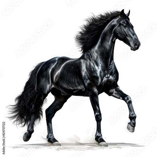 Majestic black horse illustration in solitude against a white backdrop. 