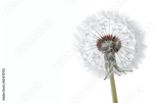 Close-up of a dandelion against a white background  showcasing delicate seeds and fine details in a minimalist style.