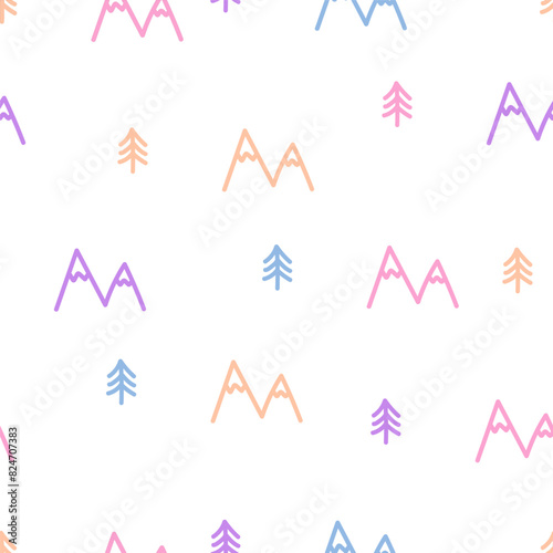 Seamless pattern with colorful trees and mountains