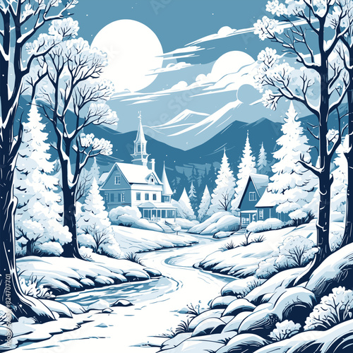 Vintage Winter Wonderland Landscape Illustration