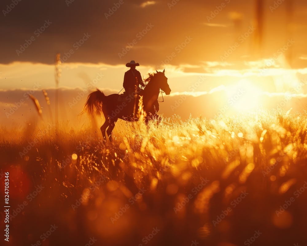 Fototapeta premium Solitary Horseback Rider Galloping Through Golden Sunset Field