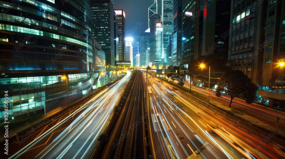City Speed. Nighttime Motion Blur of Fast Road in Hong Kong City