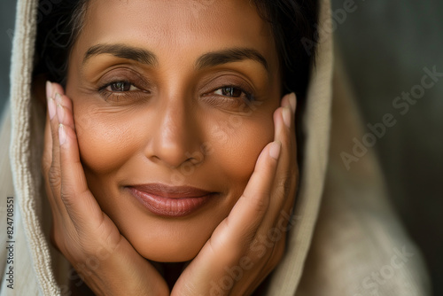 A woman with dark skin and brown eyes is smiling and holding her hands together. Indian female model, skincare