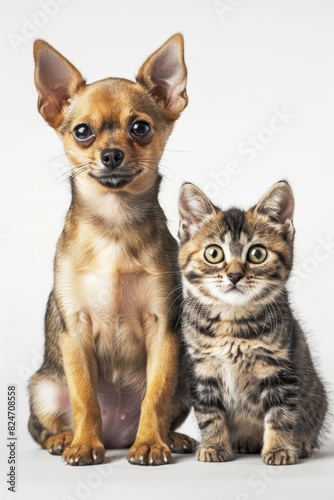 A small dog and a cat sitting peacefully. Suitable for pet lovers