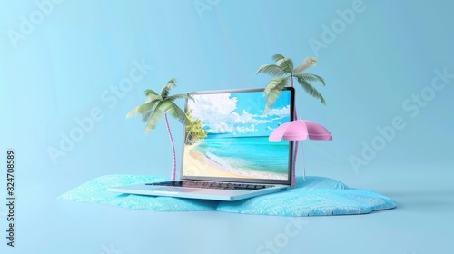 Beach Computer. Online Travel Booking Concept on Laptop with Summer Blue Background