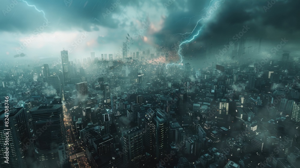Fototapeta premium Cataclysmic Cityscape Skyscrapers Swaying Amidst Thunderous Upheaval