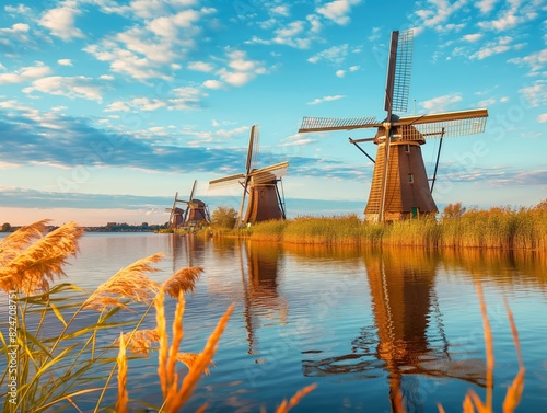 Picturesque windmills reflecting in a calm river during sunset, surrounded by golden reeds and a vibrant sky.