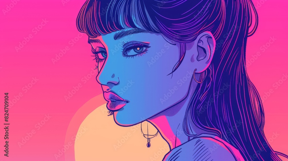Wallpaper design with synthwave anime manga girl, lofi background Wallpaper design with synthwave anime manga girl, lofi background
