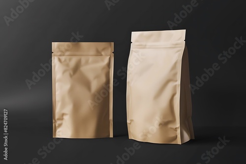 Mockup of empty product paper bags with zip lock on isolated white background