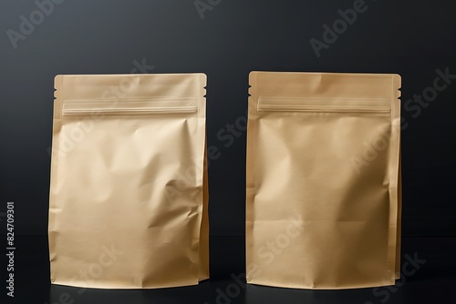 Mockup of empty product paper bags with zip lock on isolated black background