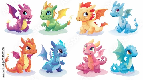 An illustration of baby dragons in different colors on a white background.