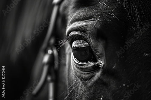 Detailed black and white image of a horse's eye, perfect for animal lovers or equine enthusiasts