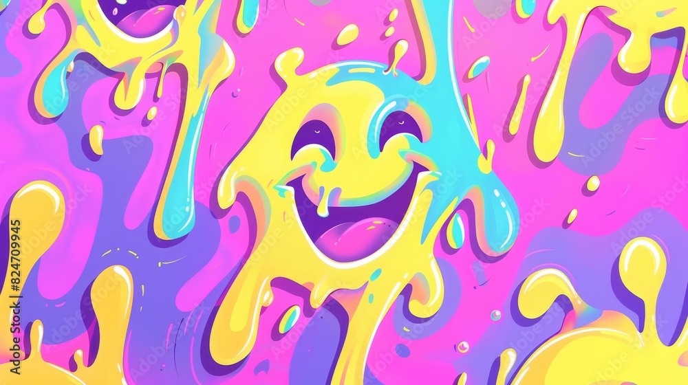 Colorful melting cartoon seamless pattern with smiling happy face. Retro psychedelic smile icon background texture. Trendy character doodle wallpaper. Colorful melting cartoon seamless pattern with smiling happy face. Retro psychedelic smile icon background texture. Trendy character doodle wallpaper.