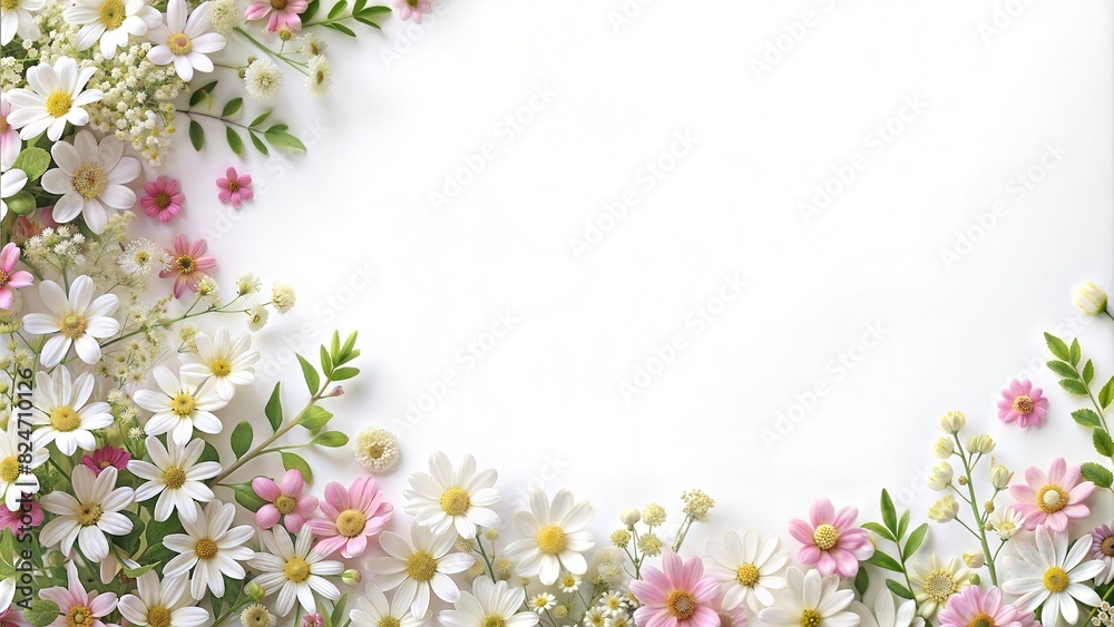 Floral frame pink, white and yellow flowers, white background. Cute, fresh, soft-hued colors, simple forms. Summer spring background. Wedding materials or branding elements. Copy Space for text Floral frame pink, white and yellow flowers, white background. Cute, fresh, soft-hued colors, simple forms. Summer spring background. Wedding materials or branding elements. Copy Space for text