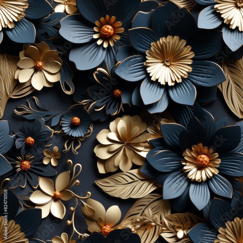 3D Black and Gold Flowers  3D Render  Floral Background  Decorative Tile Pattern  Seamless 3D Flowers