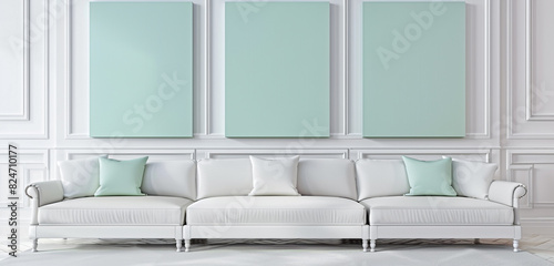 Elegant interior with three blank mint green canvases and white sofa  realistic 3D rendering.