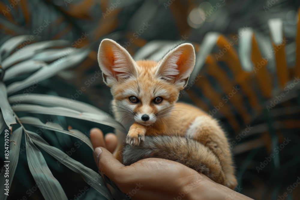 A cute small fox sitting on top of a person's hand. Perfect for animal lovers or wildlife enthusiasts