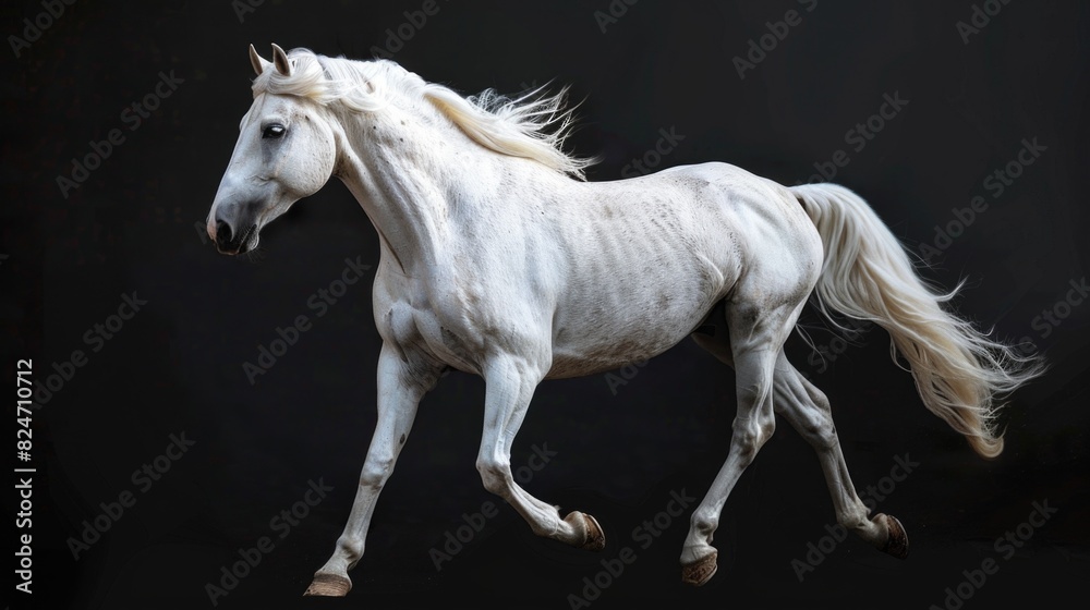 Majestic white horse running on dramatic black backdrop. Ideal for equestrian and power concepts