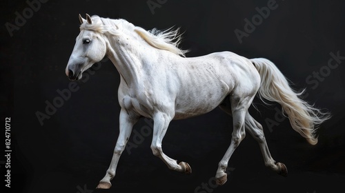 Majestic white horse running on dramatic black backdrop. Ideal for equestrian and power concepts © Fotograf