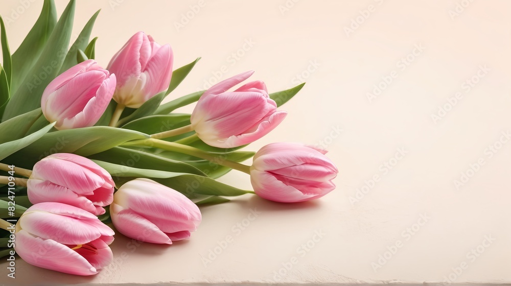 bouquet of pink tulip flowers, flower frame on cream background, Greeting floral card template with copy space, Summer Spring Background, Birthday, Valentine’s Day, Flat lay, top view, space for text
bouquet of pink tulip flowers, flower frame on cream background, Greeting floral card template with copy space, Summer Spring Background, Birthday, Valentine’s Day, Flat lay, top view, space for text