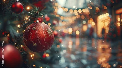 Red Ornament Hanging From Christmas Tree photo