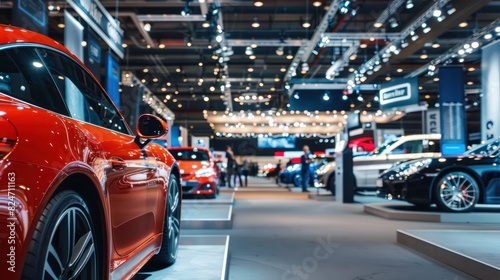 Show a car exhibition venue with branded podiums or stands featuring customizable signage, offering opportunities for adding promotional messages or graphics.  photo