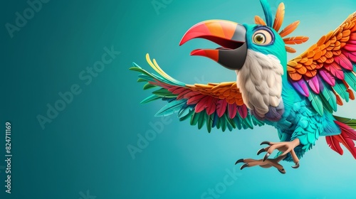 In a vibrant turquoise background, a 3D cartoon bird stands out and is lively and vivacious.