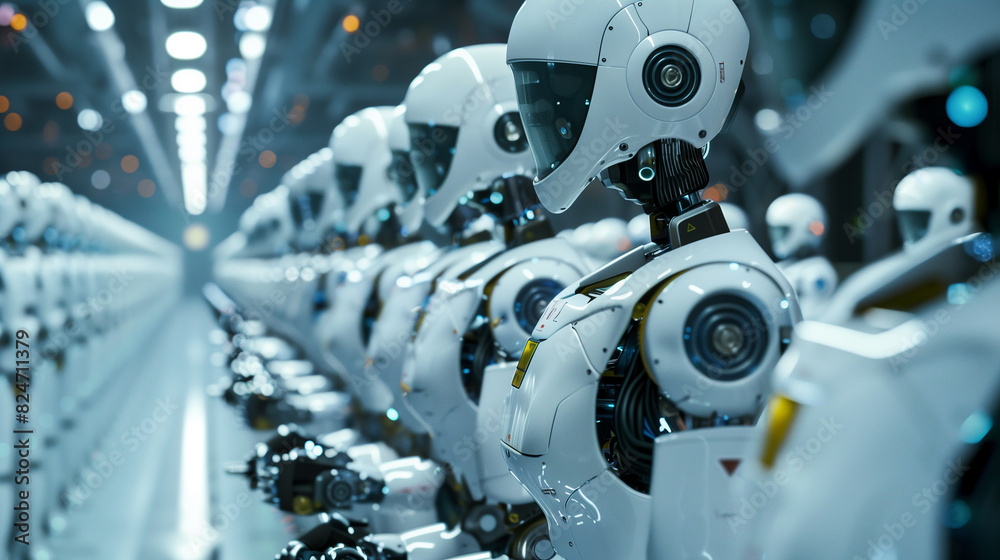 A line of robots are walking down a hallway. The robots are all the same color and have the same design. The robots are all lined up and appear to be working together A line of robots are walking down a hallway. The robots are all the same color and have the same design. The robots are all lined up and appear to be working together