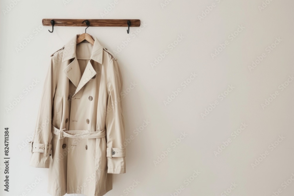 A trench coat hanging on a coat rack. Suitable for fashion and interior design concepts