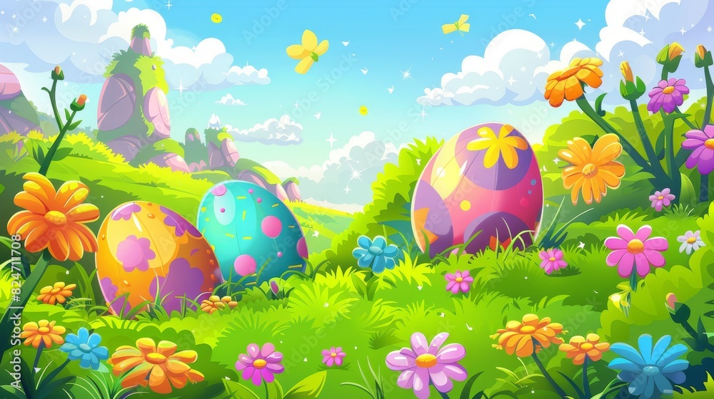 A colorful cartoon illustration of Easter eggs and flowers. Ideal for Easter-themed designs