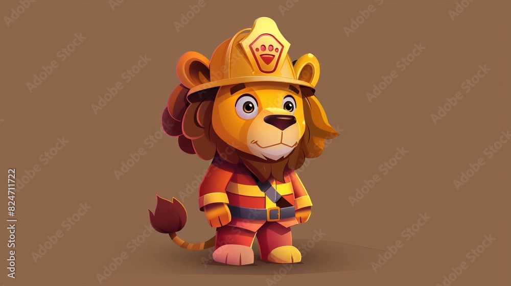 Brown background with a cute lion in a firefighter's uniform Brown background with a cute lion in a firefighter's uniform