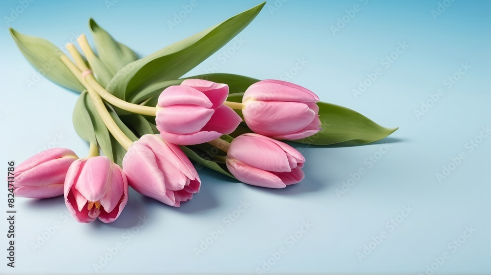 bouquet of pink tulip flowers, flower frame on light blue background, Greeting floral card template with copy space, Summer Background, Birthday, Valentine’s Day, Flat lay, top view, space for text bouquet of pink tulip flowers, flower frame on light blue background, Greeting floral card template with copy space, Summer Background, Birthday, Valentine’s Day, Flat lay, top view, space for text