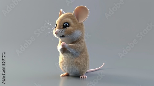 Here's a 3D model of a cute cartoon mouse, standing on its hind legs with its front paws touching. photo