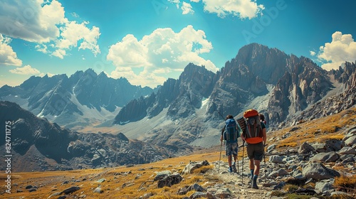 Hikers with backpacks atop towering mountain peaks and blue skies as a backdrop. photo