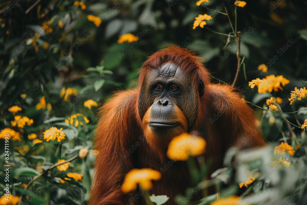 Fototapeta premium A large orange orangutan is standing in a field of yellow flowers