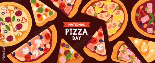 Horizontal banner of National Pizza Day. Traditional Italian cuisine. Whole, triangle slices and cut pieces of margherita, pepperoni on background. Fast food festive event. Flat vector illustration