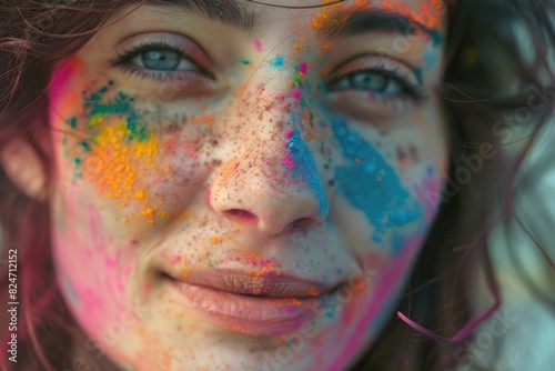 Close-up of a woman with paint on her face, perfect for artistic projects