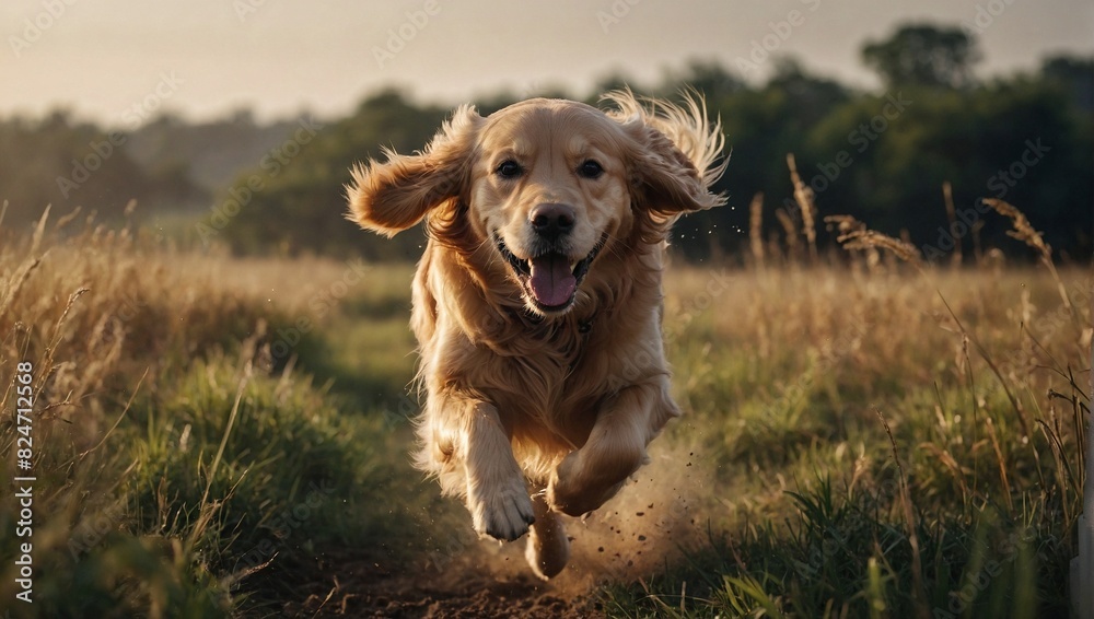 Golden Retriever Running Through Meadow at Sunset
