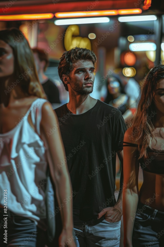 Group of people walking down a city street at night. Perfect for urban lifestyle concepts Group of people walking down a city street at night. Perfect for urban lifestyle concepts