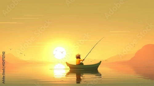 A cartoon of a fisherman fishing at dawn in a boat on a lake