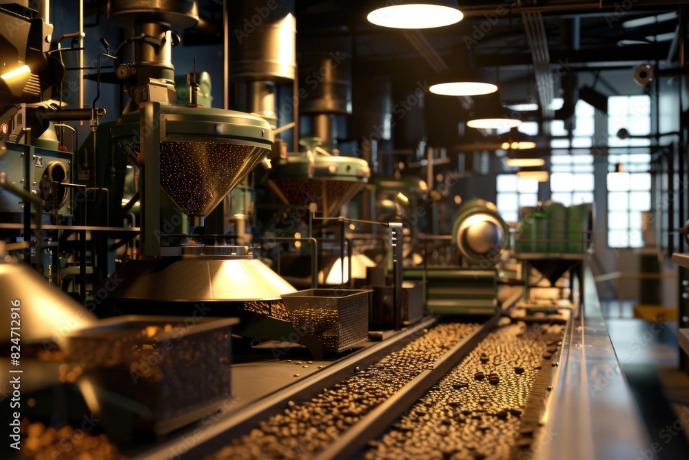 Interior view of a factory filled with coffee beans. Ideal for coffee production concept Interior view of a factory filled with coffee beans. Ideal for coffee production concept