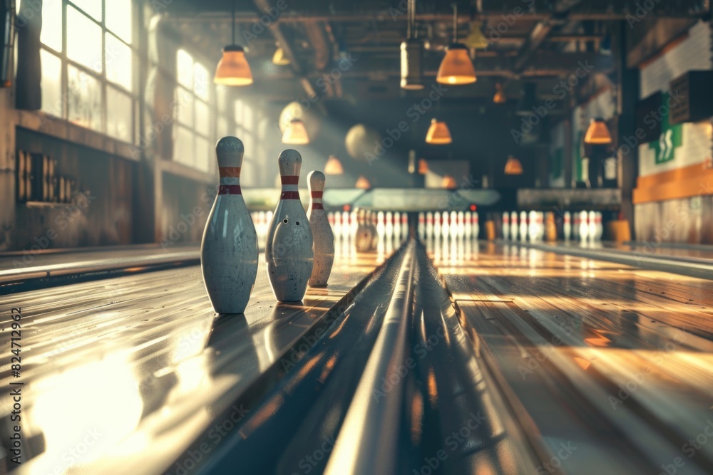 Bowling pins lined up on a bowling alley, perfect for sports and leisure concepts