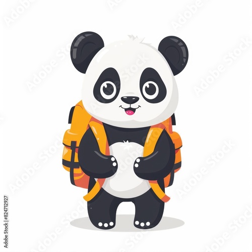 Playful panda cub with backpack  cute cartoon character in flat design  Asian baby bear vector illustration on white 