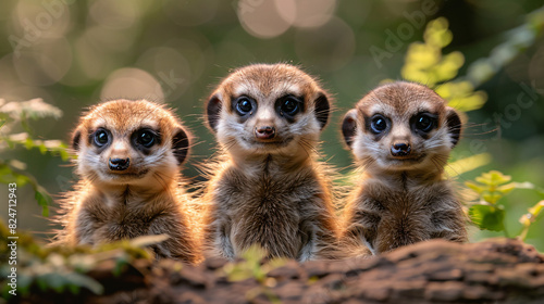 Closeup shot of three young meerkats in the nature © Pic