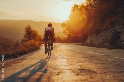 A person riding a bike down a road at sunset. Ideal for outdoor and fitness concepts © Fotograf