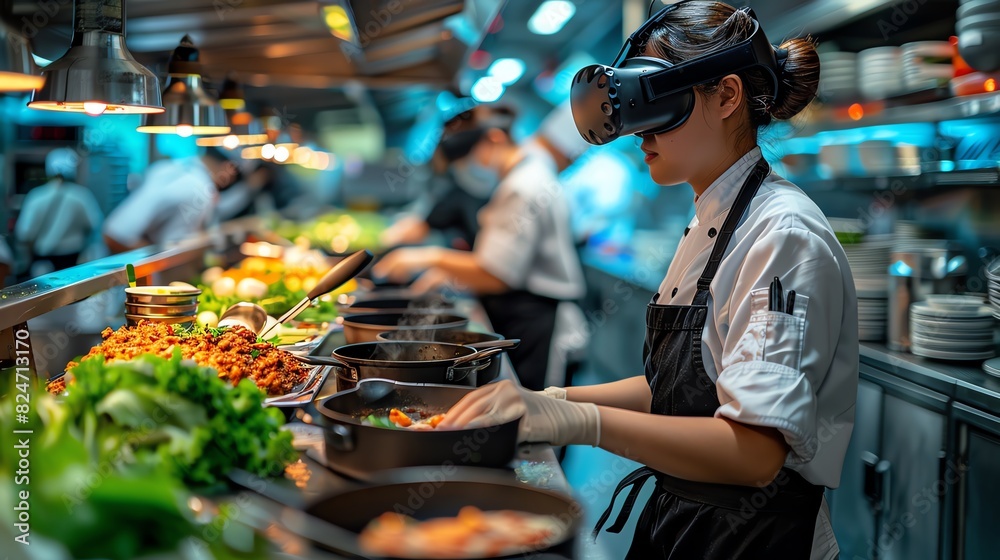 A chef wearing VR headset cooks in a modern kitchen. A chef wearing VR headset cooks in a modern kitchen.