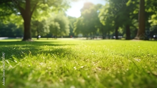 A blurry background with a meadow or park landscape,Blurred beautiful green background with a clearing on a sunny day © Muhammad